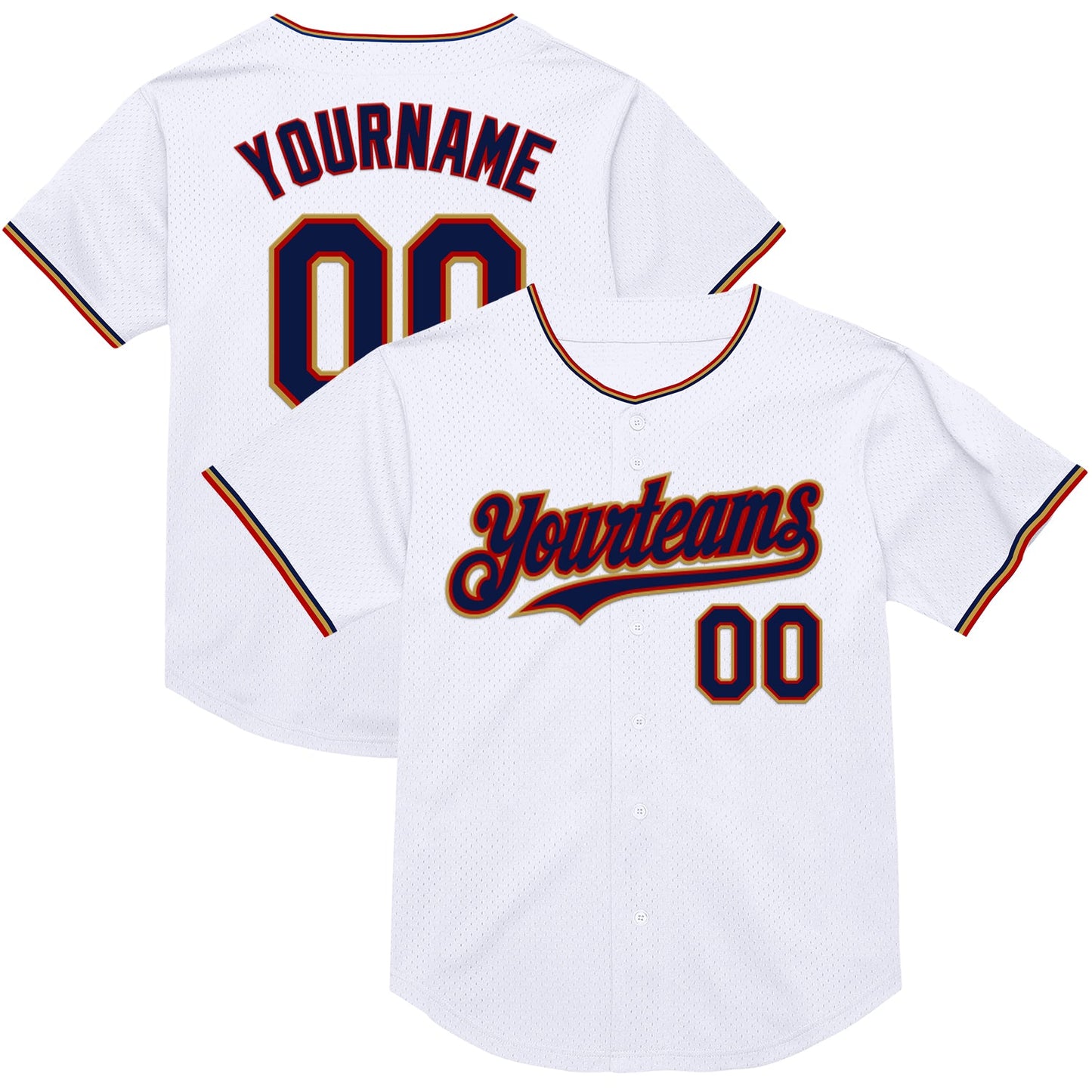 Custom White Navy Red-Old Gold Mesh Authentic Throwback Baseball Jersey - Sky-Custom