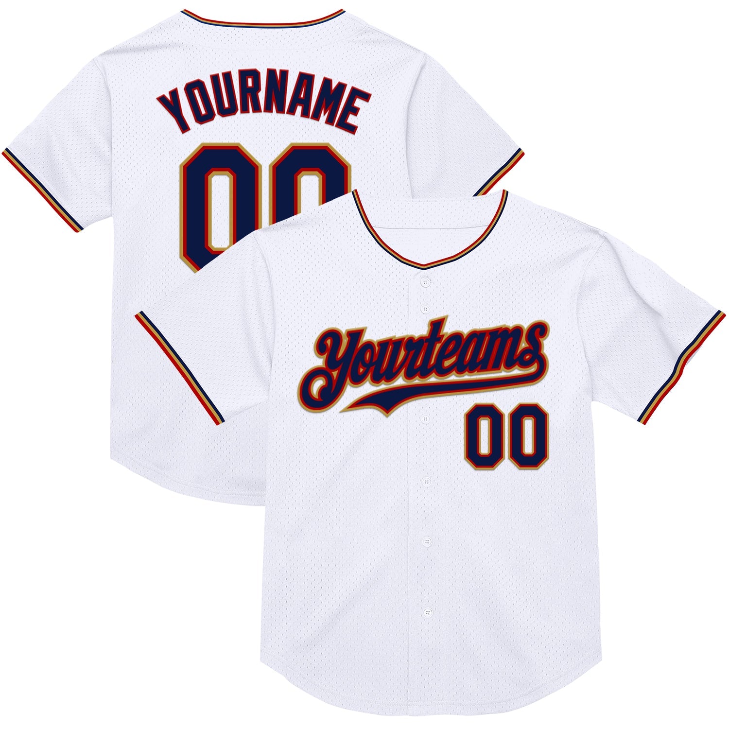 Custom White Navy Red-Old Gold Mesh Authentic Throwback Baseball Jersey - Sky-Custom