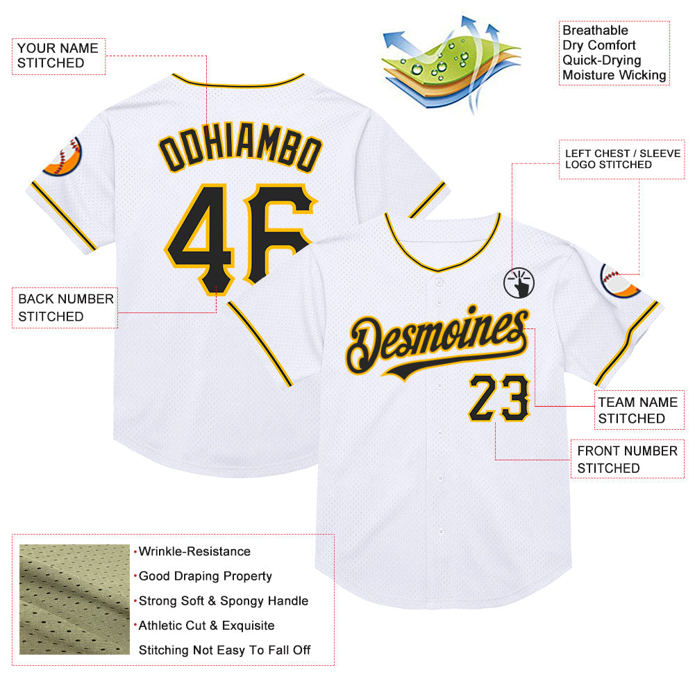 Custom White Black-Gold Mesh Authentic Throwback Baseball Jersey - Sky-Custom