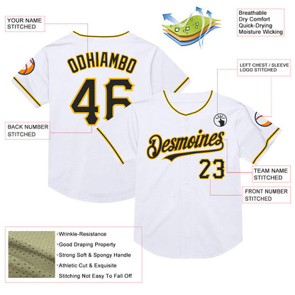 Custom White Black-Gold Mesh Authentic Throwback Baseball Jersey - Sky-Custom