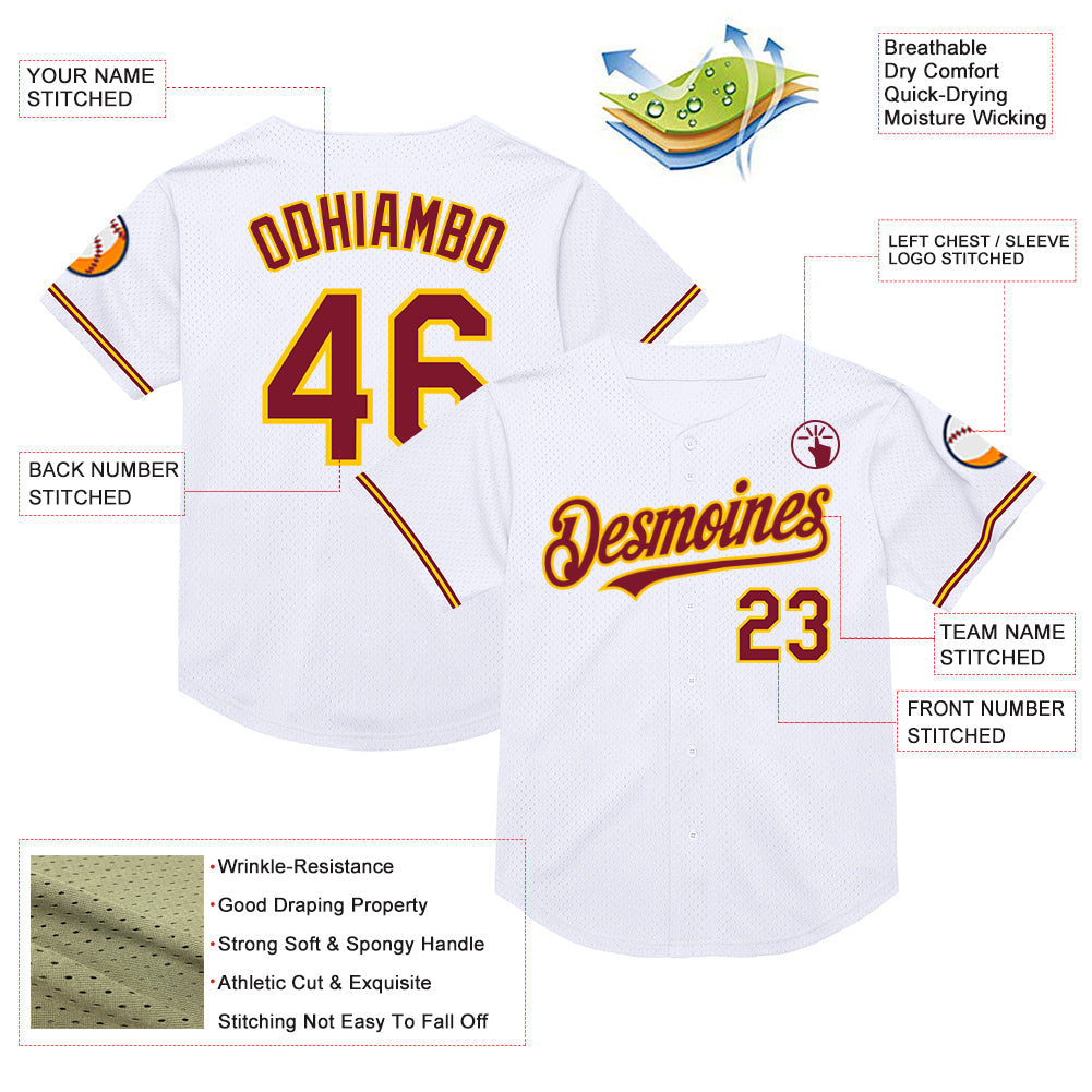 Custom White Crimson-Yellow Mesh Authentic Throwback Baseball Jersey - Sky-Custom