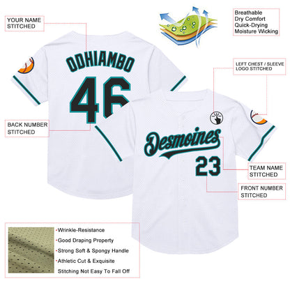 Custom White Black-Teal Mesh Authentic Throwback Baseball Jersey - Sky-Custom