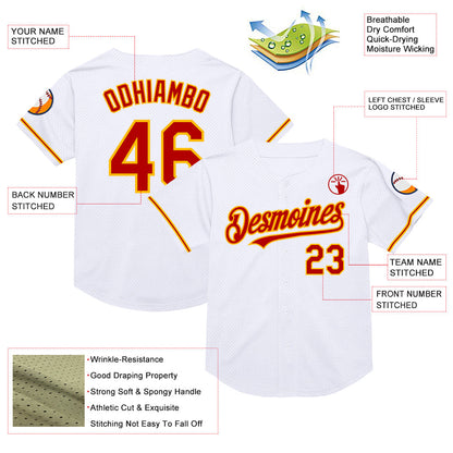 Custom White Red-Gold Mesh Authentic Throwback Baseball Jersey - Sky-Custom