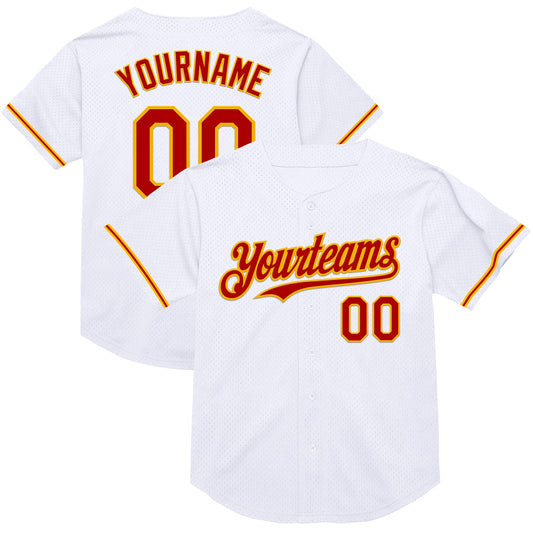 Custom White Red-Gold Mesh Authentic Throwback Baseball Jersey - Sky-Custom
