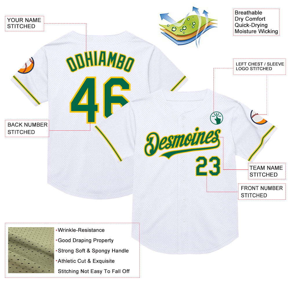 Custom White Kelly Green-Yellow Mesh Authentic Throwback Baseball Jersey - Sky-Custom