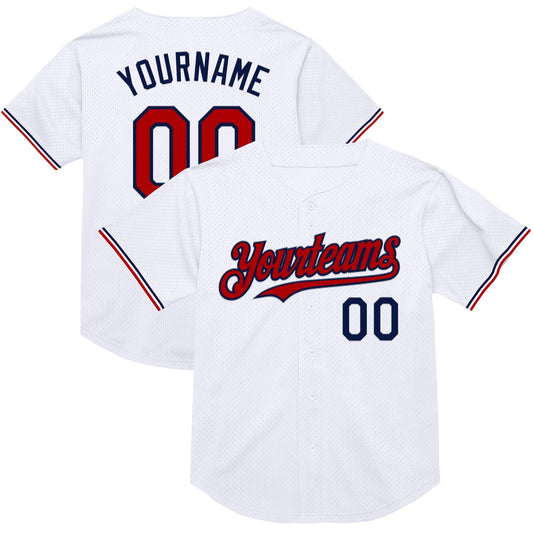 Custom White Red-Navy Mesh Authentic Throwback Baseball Jersey - Sky-Custom