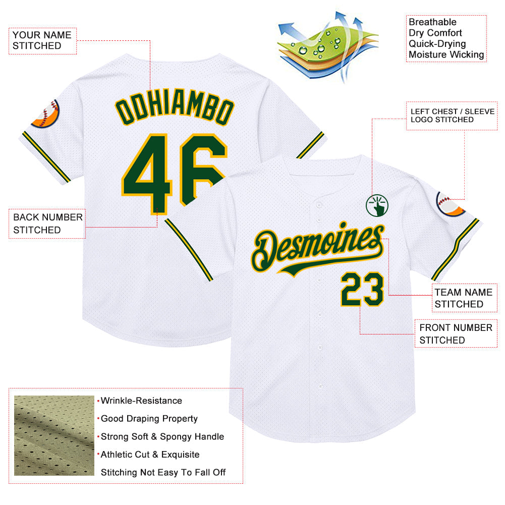 Custom White Green-Gold Mesh Authentic Throwback Baseball Jersey - Sky-Custom