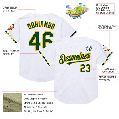 Custom White Green-Gold Mesh Authentic Throwback Baseball Jersey - Sky-Custom