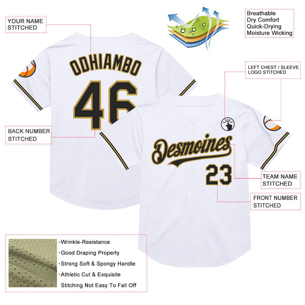 Custom White Black-Old Gold Mesh Authentic Throwback Baseball Jersey - Sky-Custom