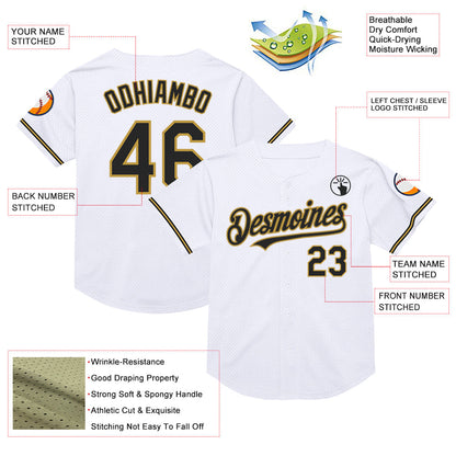 Custom White Black-Old Gold Mesh Authentic Throwback Baseball Jersey - Sky-Custom