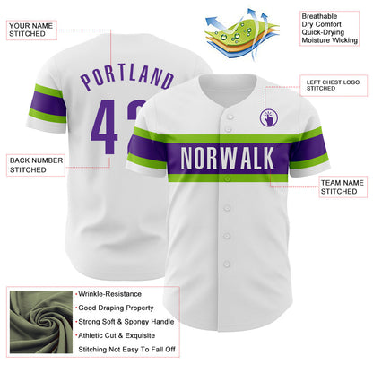 Custom White Purple-Neon Green Authentic Baseball Jersey - Sky-Custom