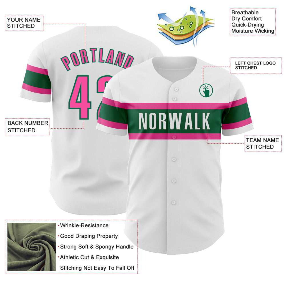 Custom White Pink-Kelly Green Authentic Baseball Jersey - Sky-Custom