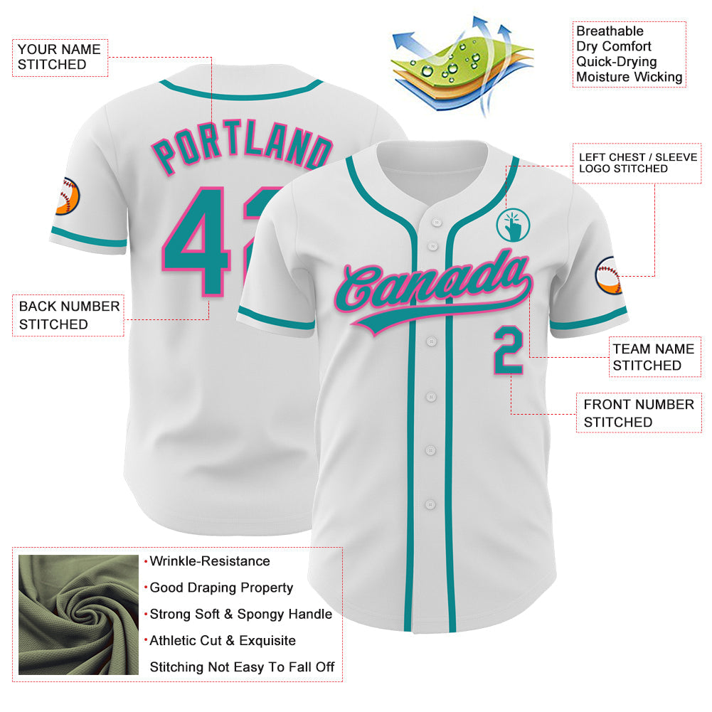 Custom White Teal-Pink Authentic Baseball Jersey - Sky-Custom