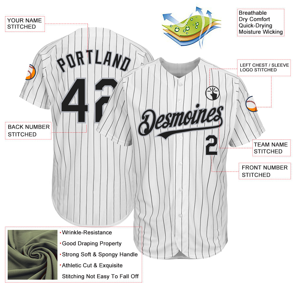 Custom White Black Pinstripe Gray Authentic Baseball Jersey - Sky-Custom