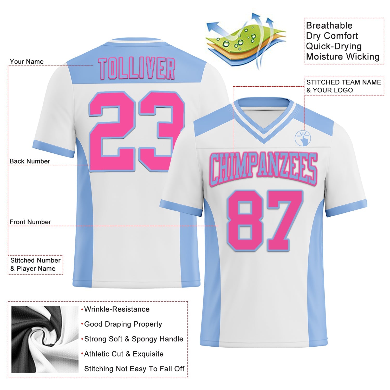 Custom White Pink-Light Blue Mesh Authentic Football Jersey - Sky-Custom