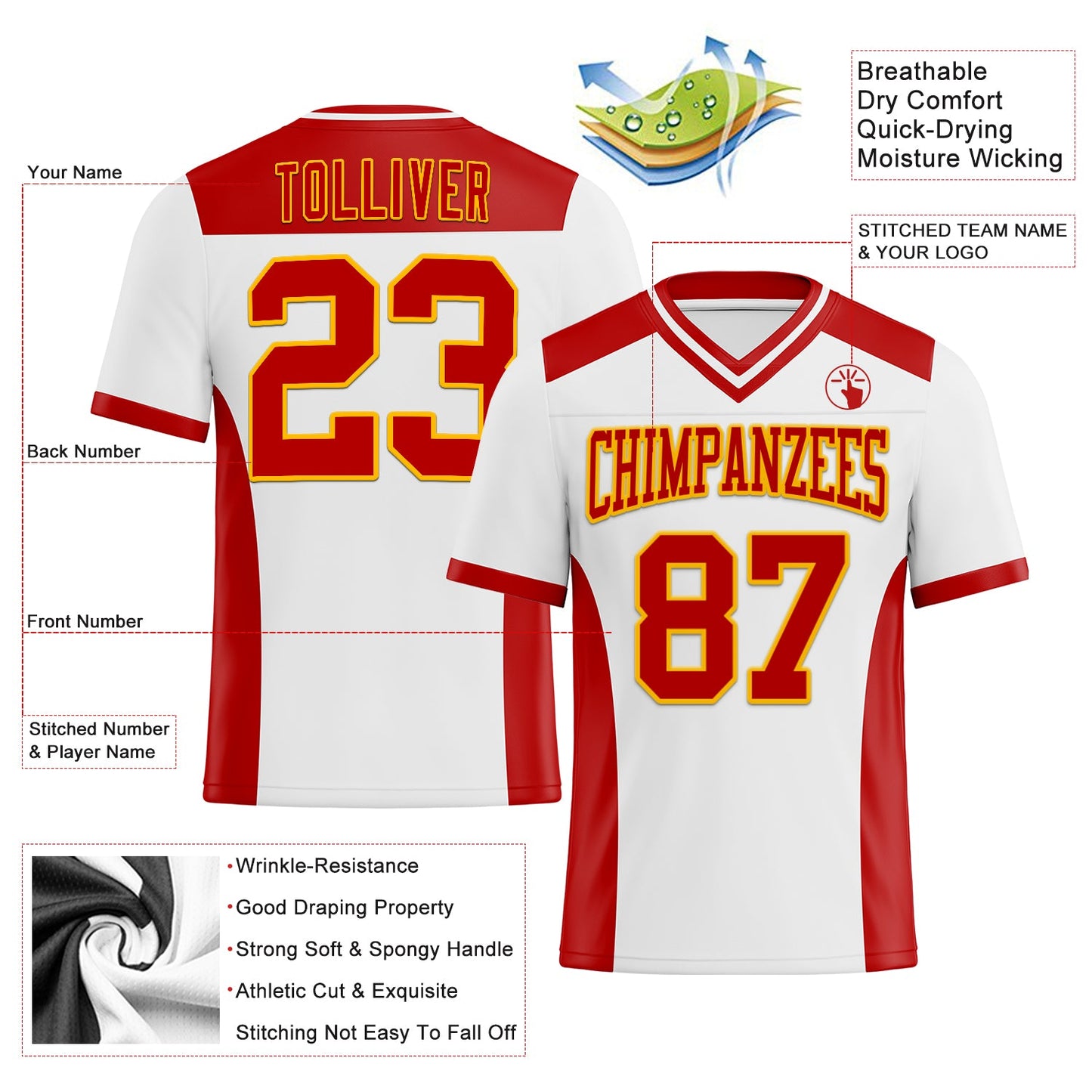 Custom White Red-Gold Mesh Authentic Football Jersey - Sky-Custom