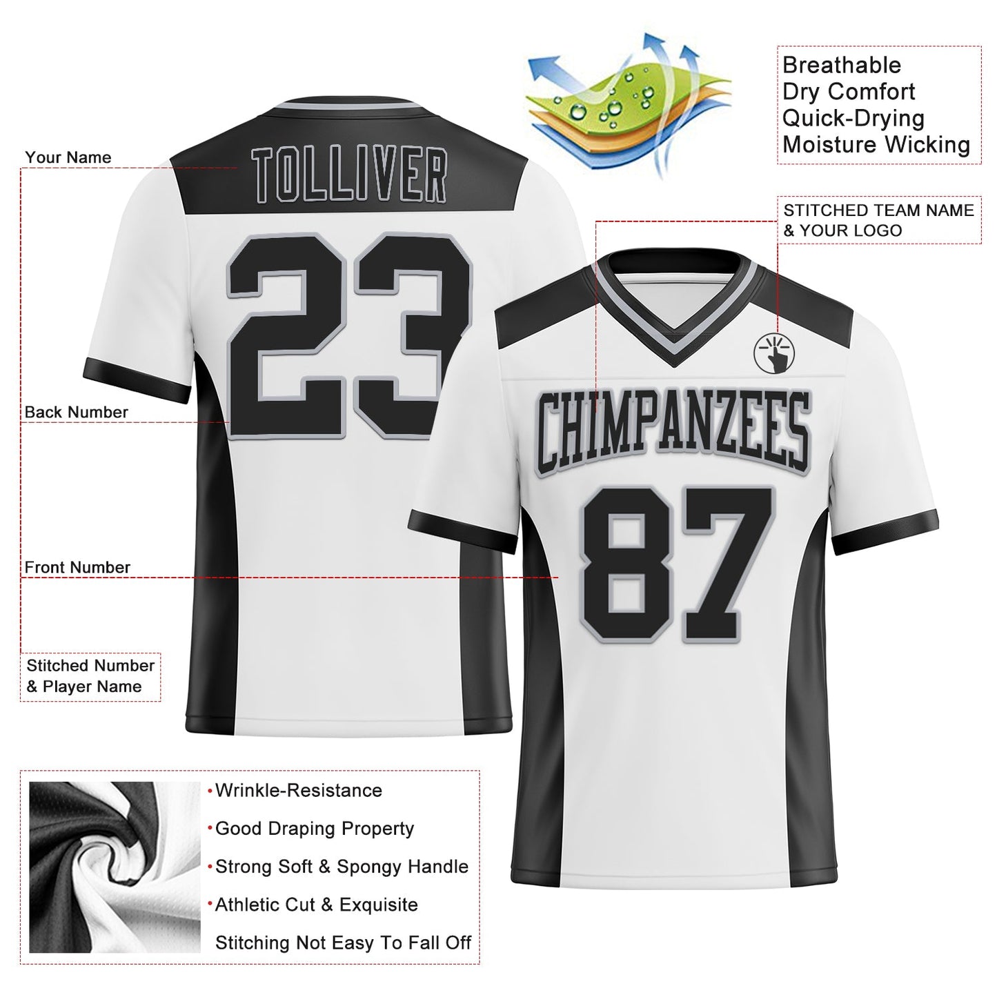 Custom White Black-Gray Mesh Authentic Football Jersey - Sky-Custom