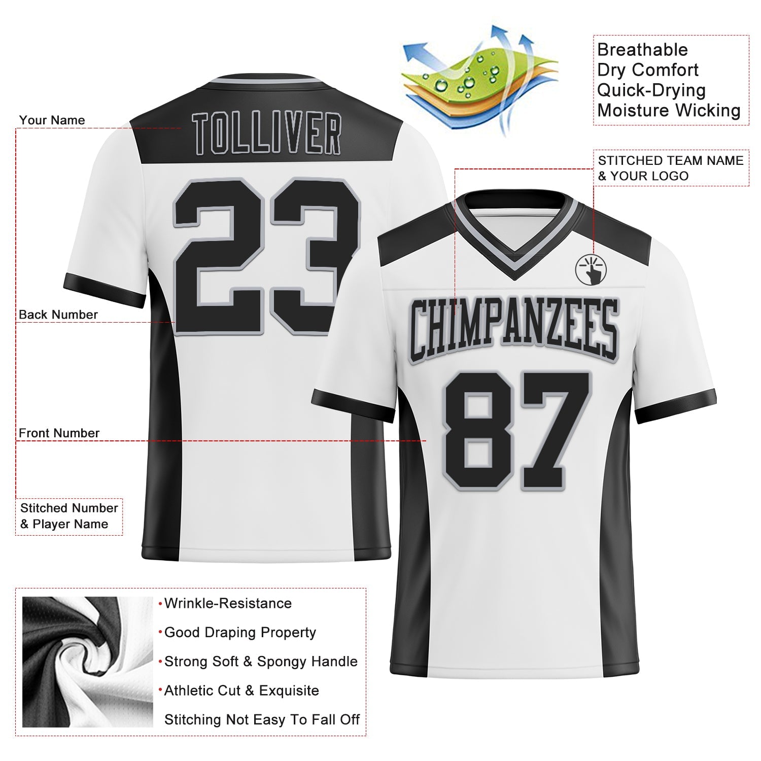 Custom White Black-Gray Mesh Authentic Football Jersey - Sky-Custom