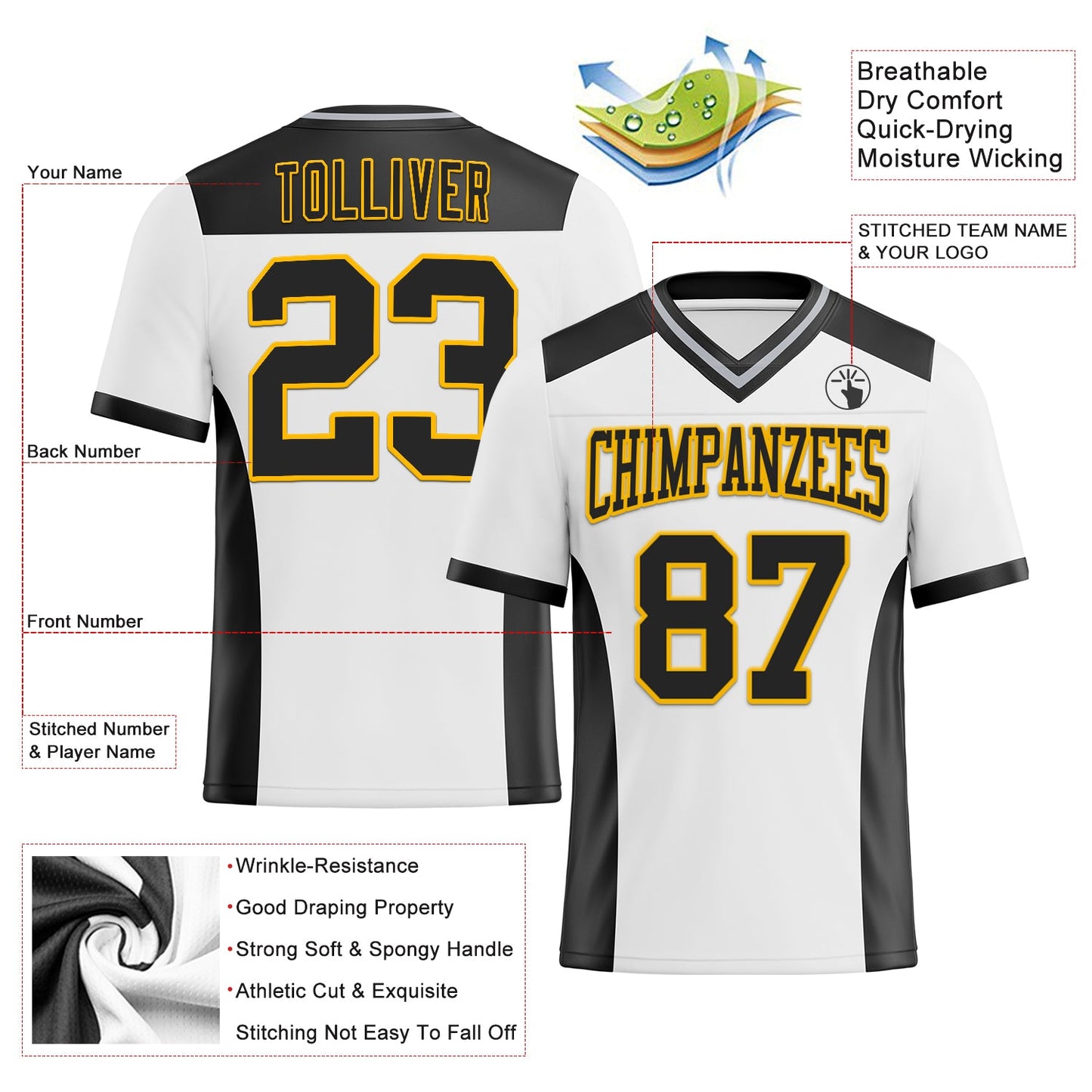 Custom White Black-Gold Mesh Authentic Football Jersey - Sky-Custom