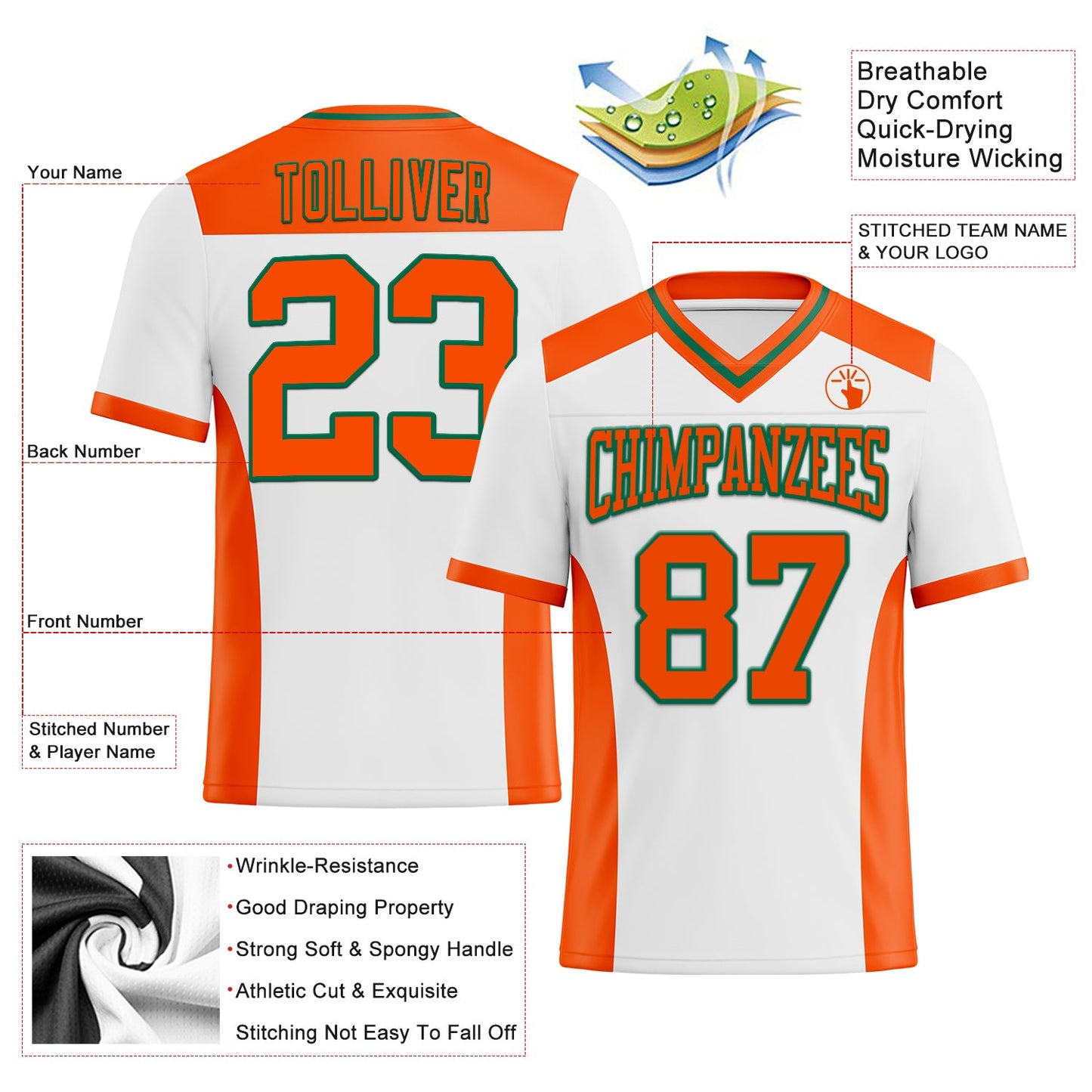 Custom White Orange-Kelly Green Mesh Authentic Football Jersey - Sky-Custom