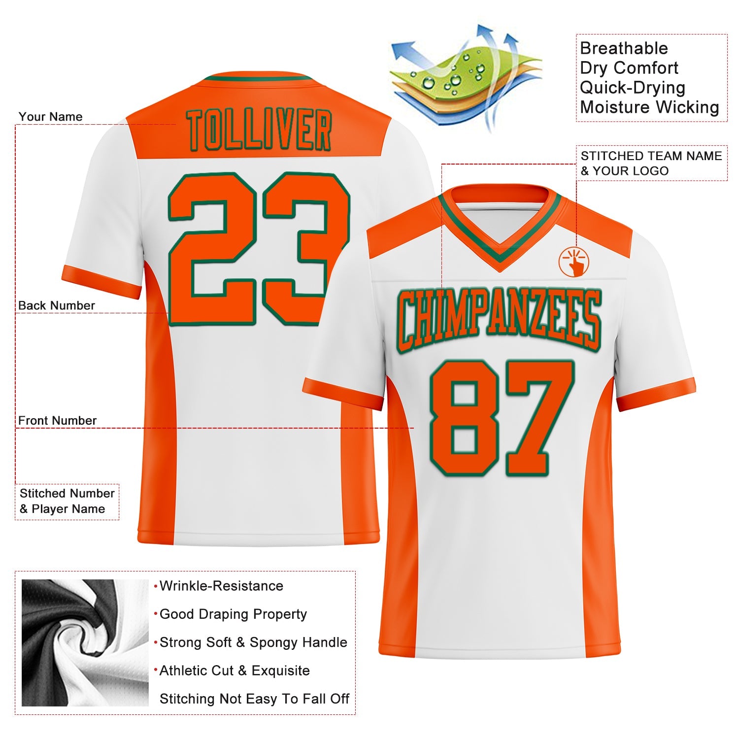 Custom White Orange-Kelly Green Mesh Authentic Football Jersey - Sky-Custom