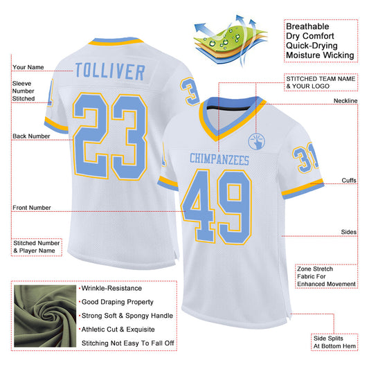 Custom White Light Blue-Gold Mesh Authentic Throwback Football Jersey - Sky-Custom