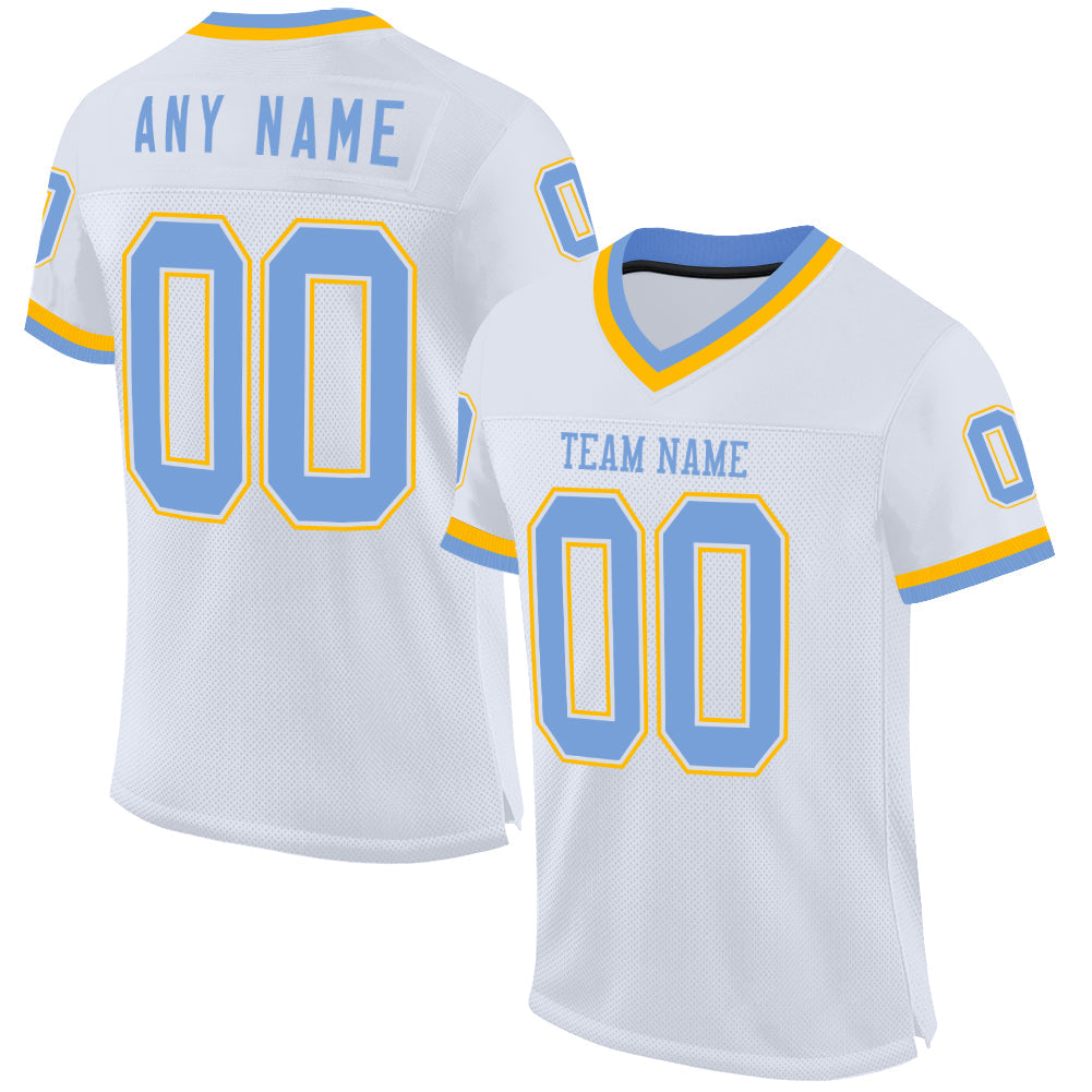 Custom White Light Blue-Gold Mesh Authentic Throwback Football Jersey - Sky-Custom