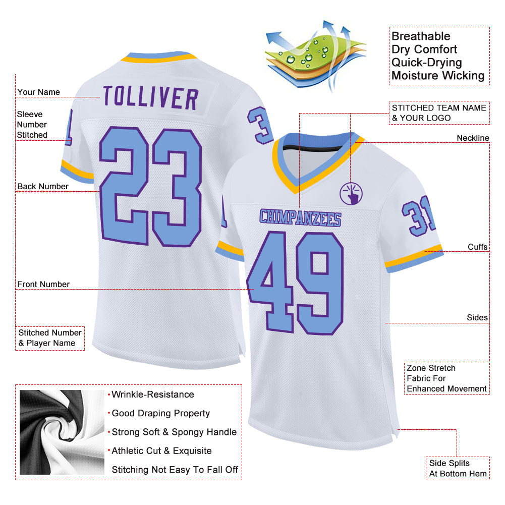 Custom White Light Blue Purple-Gold Mesh Authentic Throwback Football Jersey - Sky-Custom