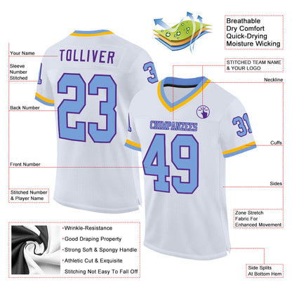 Custom White Light Blue Purple-Gold Mesh Authentic Throwback Football Jersey - Sky-Custom