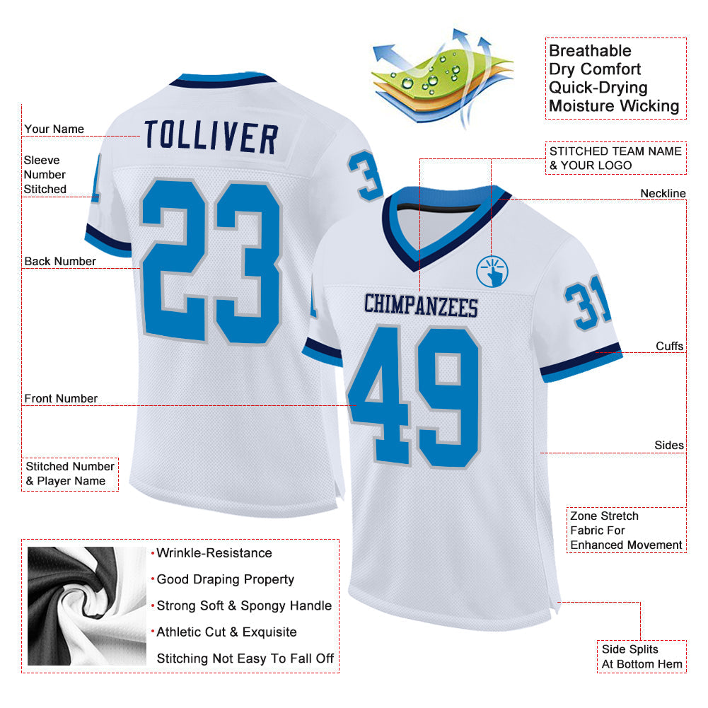 Custom White Blue Gray-Navy Mesh Authentic Throwback Football Jersey - Sky-Custom