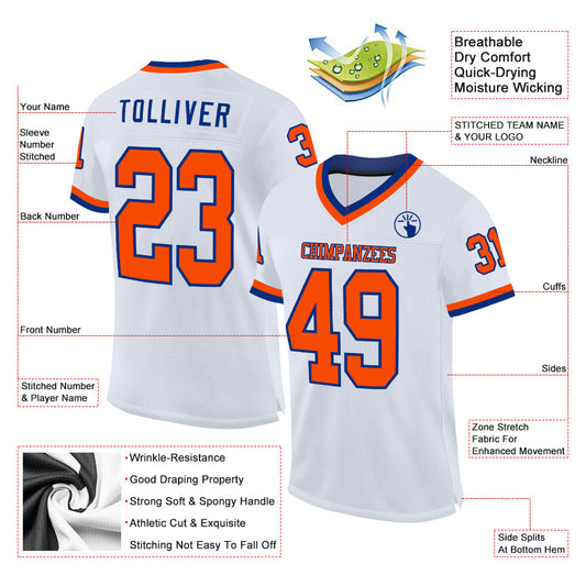 Custom White Orange-Royal Mesh Authentic Throwback Football Jersey - Sky-Custom