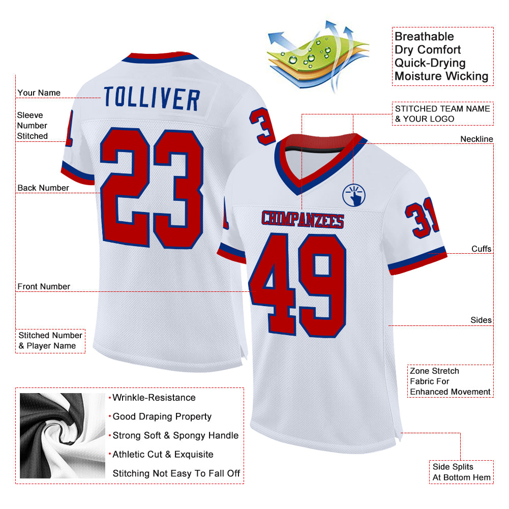 Custom White Red-Royal Mesh Authentic Throwback Football Jersey - Sky-Custom
