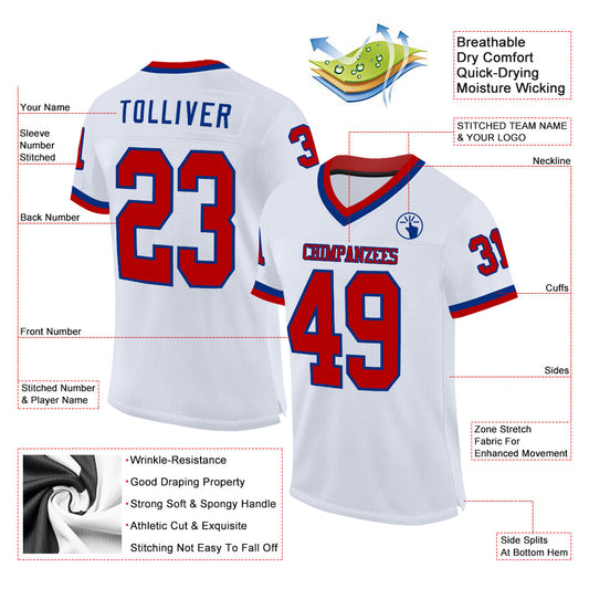 Custom White Red-Royal Mesh Authentic Throwback Football Jersey - Sky-Custom
