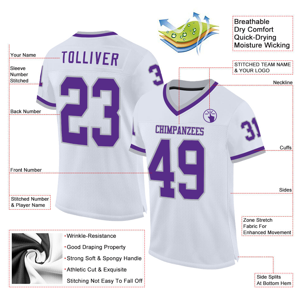Custom White Purple-Gray Mesh Authentic Throwback Football Jersey - Sky-Custom