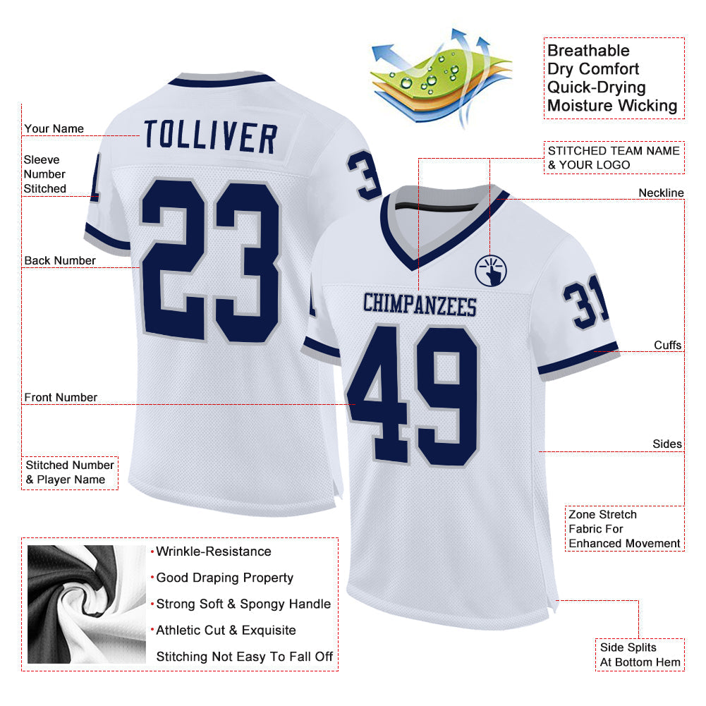 Custom White Navy-Gray Mesh Authentic Throwback Football Jersey - Sky-Custom