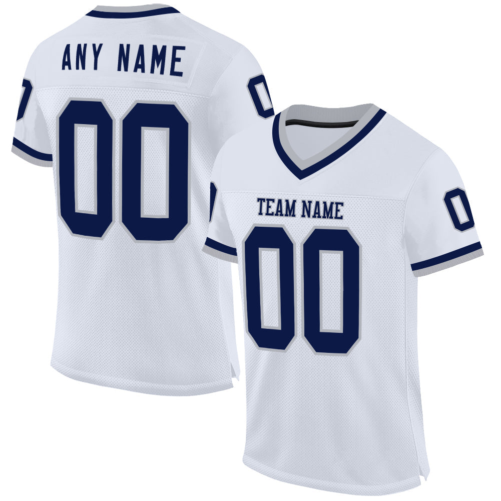 Custom White Navy-Gray Mesh Authentic Throwback Football Jersey - Sky-Custom