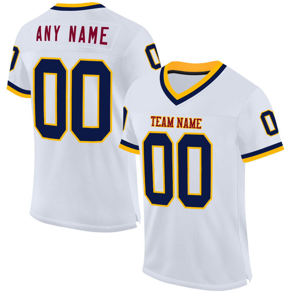 Custom White Navy Gold-Maroon Mesh Authentic Throwback Football Jersey - Sky-Custom