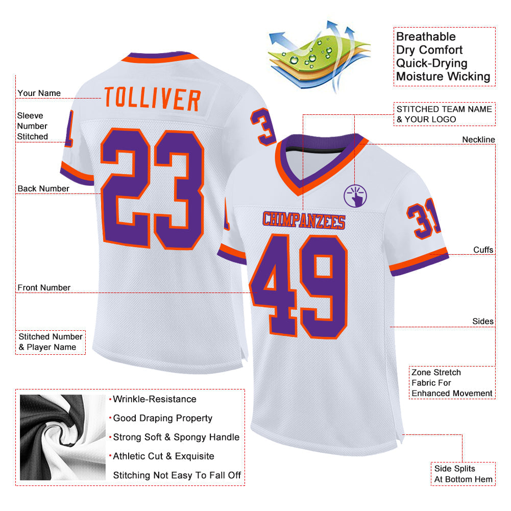 Custom White Purple-Orange Mesh Authentic Throwback Football Jersey - Sky-Custom