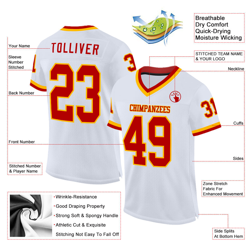 Custom White Red-Gold Mesh Authentic Throwback Football Jersey - Sky-Custom