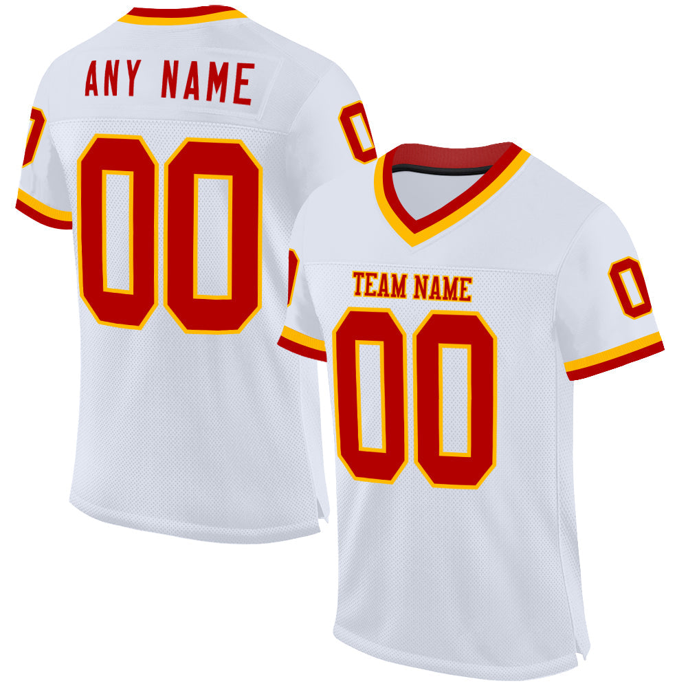 Custom White Red-Gold Mesh Authentic Throwback Football Jersey - Sky-Custom