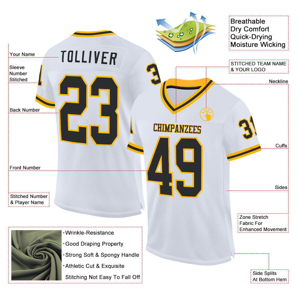 Custom White Black-Gold Mesh Authentic Throwback Football Jersey - Sky-Custom