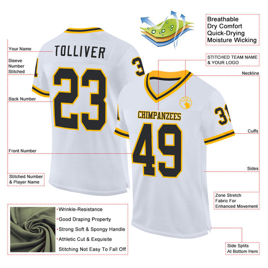 Custom White Black-Gold Mesh Authentic Throwback Football Jersey - Sky-Custom