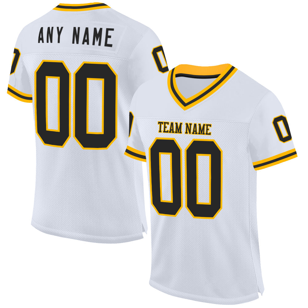Custom White Black-Gold Mesh Authentic Throwback Football Jersey - Sky-Custom