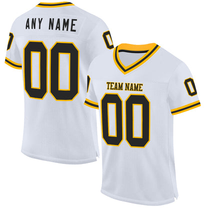 Custom White Black-Gold Mesh Authentic Throwback Football Jersey - Sky-Custom