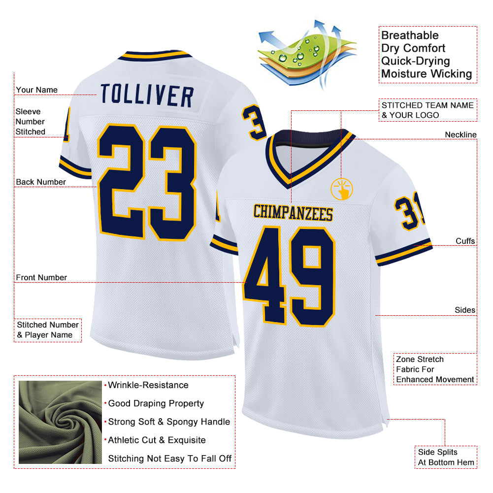 Custom White Navy-Gold Mesh Authentic Throwback Football Jersey - Sky-Custom