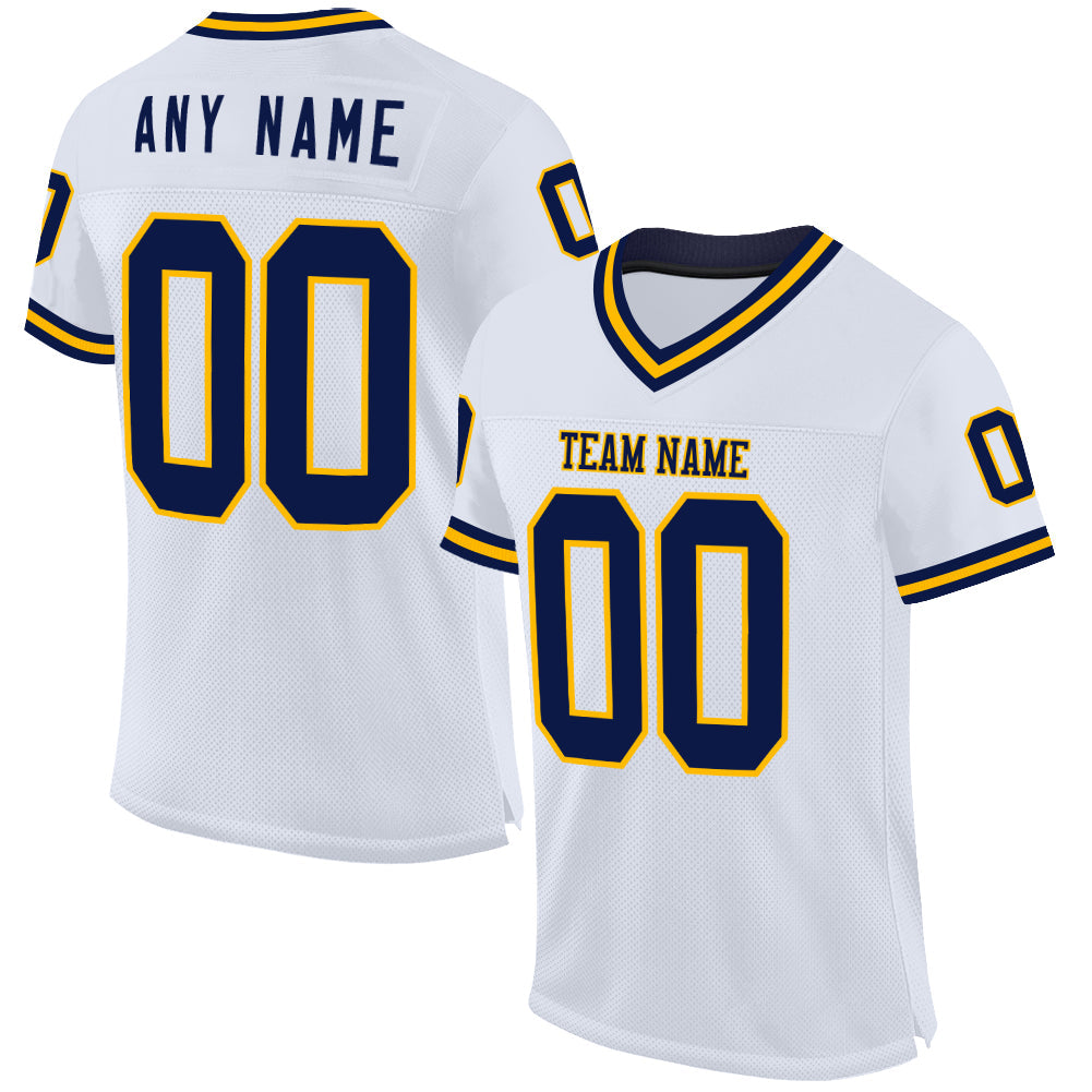 Custom White Navy-Gold Mesh Authentic Throwback Football Jersey - Sky-Custom