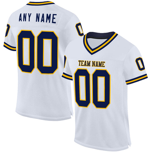 Custom White Navy-Gold Mesh Authentic Throwback Football Jersey - Sky-Custom