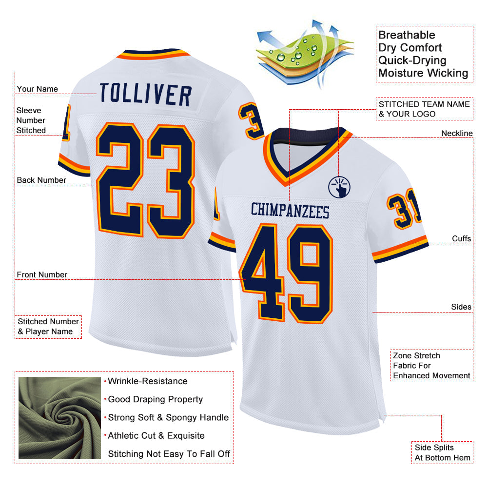 Custom White Navy Gold-Orange Mesh Authentic Throwback Football Jersey - Sky-Custom