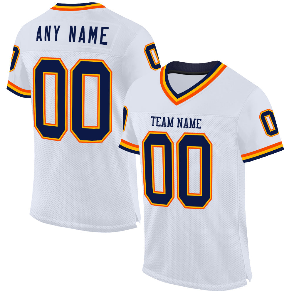 Custom White Navy Gold-Orange Mesh Authentic Throwback Football Jersey - Sky-Custom