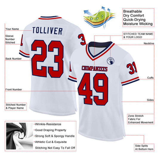 Custom White Red-Navy Mesh Authentic Throwback Football Jersey - Sky-Custom